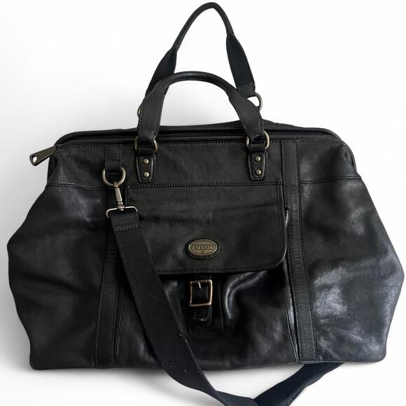 Fossil Framed Doctors Vintage Black Leather Weekender Travel Bag Overnight - Picture 1 of 8